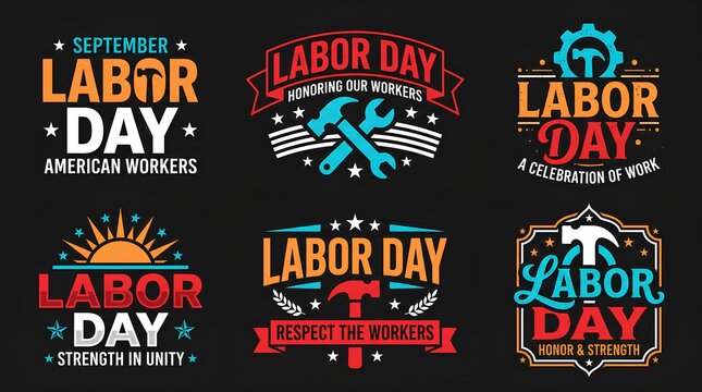 Collection of Labor Day typographic emblems with industrial tools and patriotic stars.