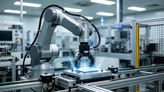 Industrial robot arm placing electronic component in automated factory