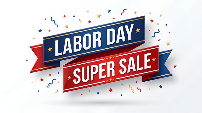 Labor Day super sale banner with red and blue ribbons and festive stars.