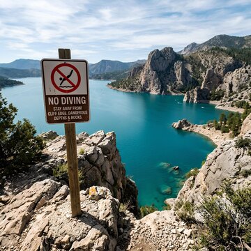 No Diving Sign on Rocky Cliff Overlooking Turquoise Lake with Mountains