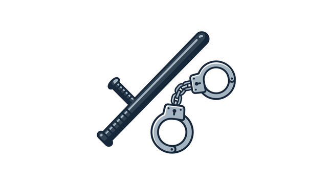 Black and white line art illustration of handcuffs and baton.