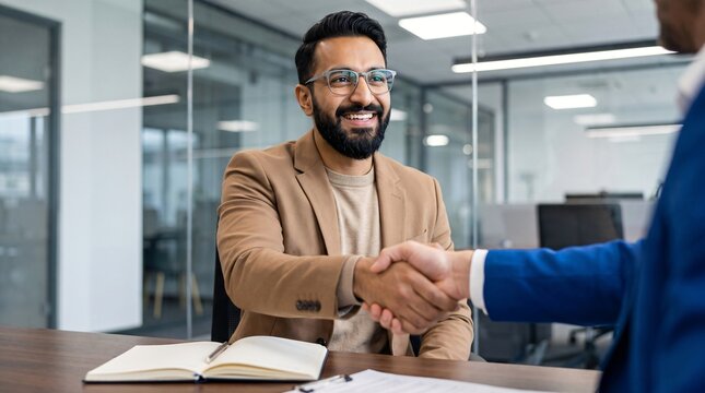 Smiling man professional executive advisor and bank client shake hands at corporate office meeting. Happy mature business man recruiter hr manager and recruit handshake at job interview.
