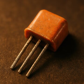 Vintage orange plastic transistor component with three metal leads