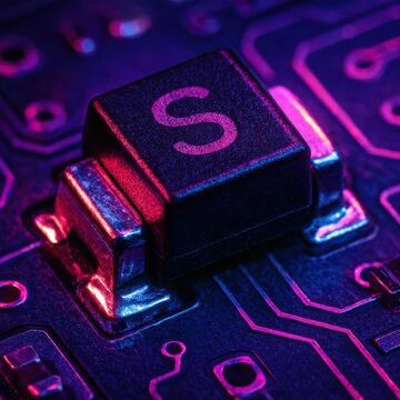 Modern SMD semiconductor diode package illuminated with purple and blue light