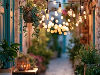 Obraz premium Lights hang above a narrow street lined with plants and houses in a small town during evening time