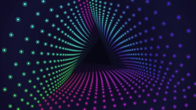 Abstract neon dot tunnel background, glowing geometric triangle portal, colorful digital light particles loop for music videos