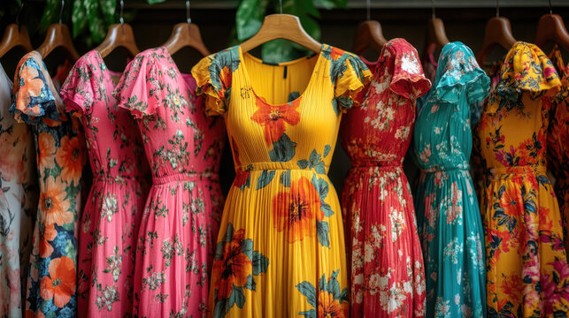 Vibrant Floral Summer Dresses Hanging on a Rack, Colorful Patterned Women's Fashion, Boho Style Clothing