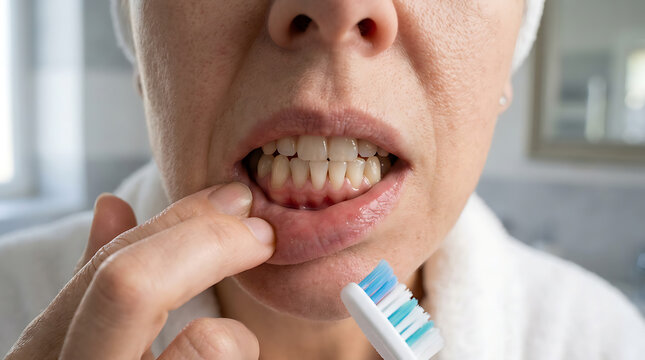 Woman checking sensitive inflamed gums for gum disease symptoms while holding toothbrush during oral care routine.