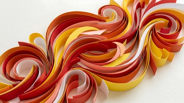 Abstract Paper Quilling Art - Swirling Red, Orange, Yellow, and White Waves