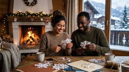Obraz premium Couple enjoys making paper snowflakes by a cozy fireplace during winter vacation