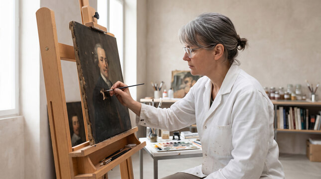 Restoration Masterpiece: A skilled conservator meticulously restores a classical portrait painting in her studio, preserving a piece of history for future generations.