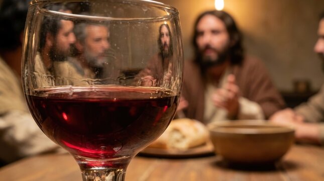 Biblical communion sacrament: Last Supper, red wine, holy bread, Jesus Christ, divine covenant, Christian ritual, faithful Apostle, sacred cup, ancient table, mystic scene.