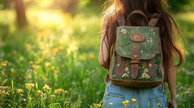 Young Woman with Vintage Backpack Walking Through Sunlit Meadow