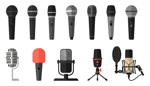 Microphone vector icons set featuring dynamic stage mics studio condenser microphone retro vintage mic pop filter and podcast broadcasting equipment