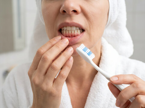 Woman in white bathrobe examining red bleeding gums during dental hygiene routine in bright bathroom setting.