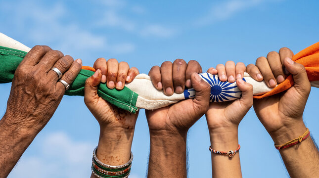 Diverse Indian hands holding national flag for unity and patriotism