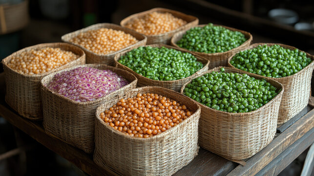 Natural Food Ingredients: Baskets of Fresh Peas, Lentils and Other Grains in Rustic Market Setting