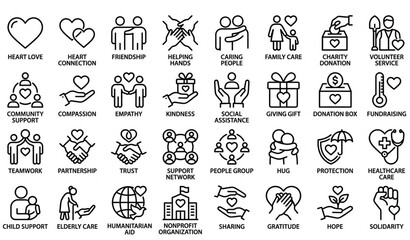 Obraz premium Love Friendship Care and Charity Editable Stroke Outline Icons Set Pixel Perfect Vector Collection