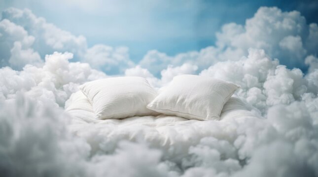Cozy White Pillows Resting on Soft Cloudy Bed