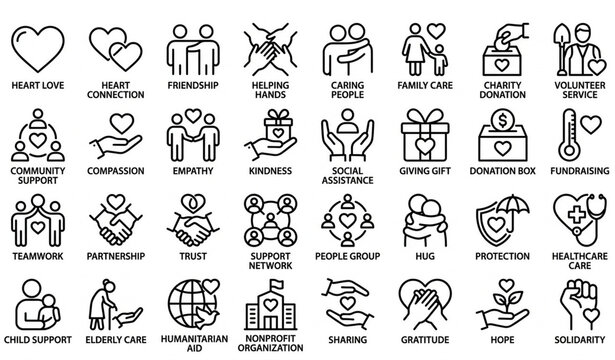 Love Friendship Care and Charity Editable Stroke Outline Icons Set Pixel Perfect Vector Collection