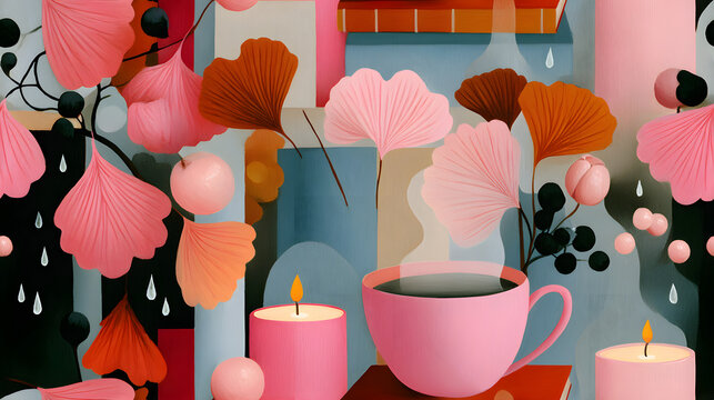 Cozy autumn seamless pattern with pink coffee cup, lit candles, ginkgo leaves, and books. Colorful oil painting digital illustration for textile and wallpaper.