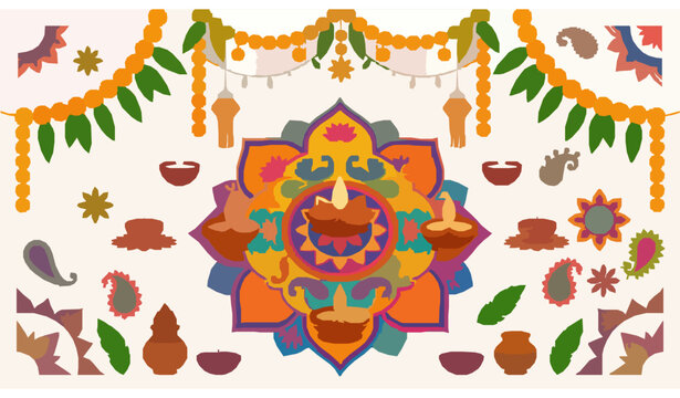 Happy Diwali festival greeting card with diya lamps and rangoli decoration vector illustration