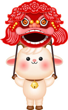 Cute Goat Holding Chinese Lion Dance Head