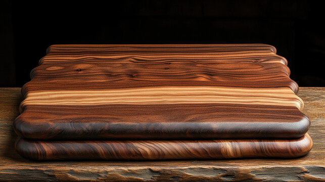Rustic Wooden Cutting Board Stacked on Rough Table, Natural Wood Texture, Food Preparation Surface, Kitchen Background