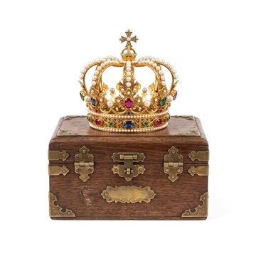 Ornate golden royal crown with pearls and colorful gemstones resting on vintage wooden treasure chest over white background