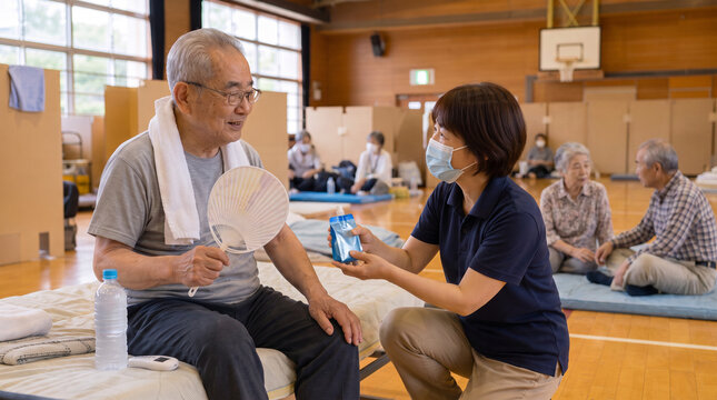 うちわとゼリー飲料で高齢男性をサポートする女性スタッフ、避難所での穏やかな支援風景 / Female staff member supporting an elderly man with a fan and nutrition drink at a calm disaster evacuation shelter scene