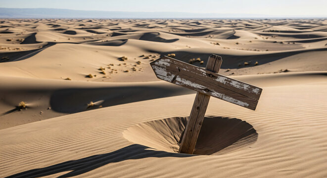 Rustic Wooden Arrow Signpost in the Middle of Vast Desert Dunes