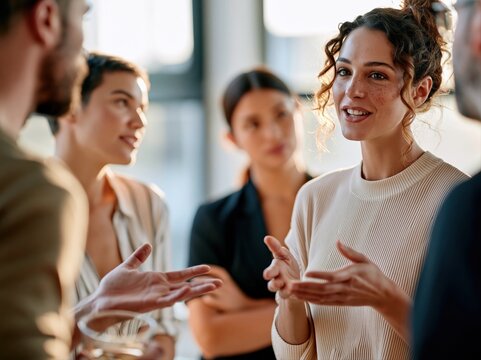 Group of people talk and share ideas at a gathering in a modern office space during the day