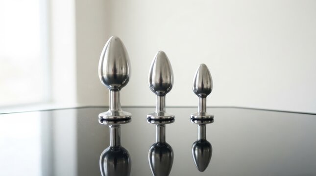 Three Metal Adult Toys of Different Sizes Stood on Reflective Surface