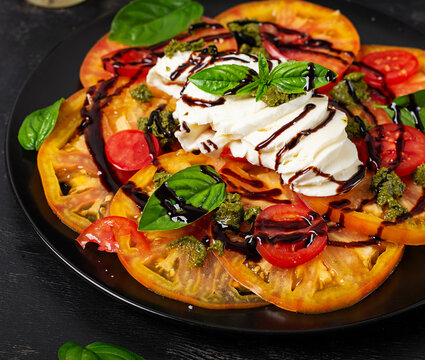 Homemade Italian Salad with Burrata, Pesto and Balsamic Reduction
