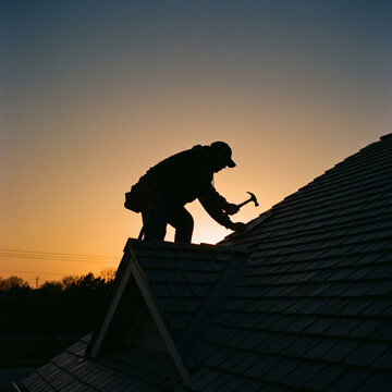 Silhouette of a roofer repairing house roof tiles with a hammer at golden hour sunset, professional builder working outdoors in warm evening light