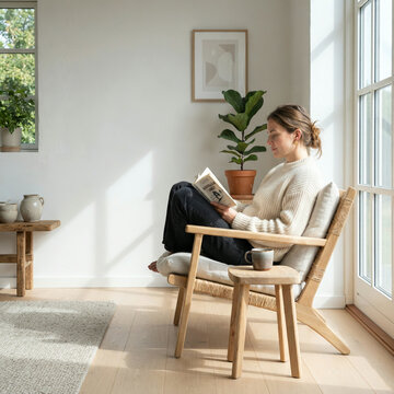 Woman reading a book with a ceramic mug while relaxing in a sunlit woven chair