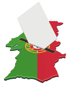 3D isometric map of Portugal with a ballot box slot and paper representing democratic elections, political rights, public choice, civic responsibility, and voting process (cut out)