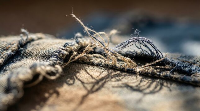 Macro detail of torn worn denim with loose threads and distressed fabric texture