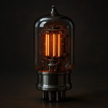Vintage radio valve component glowing brightly with warm orange light on dark surface