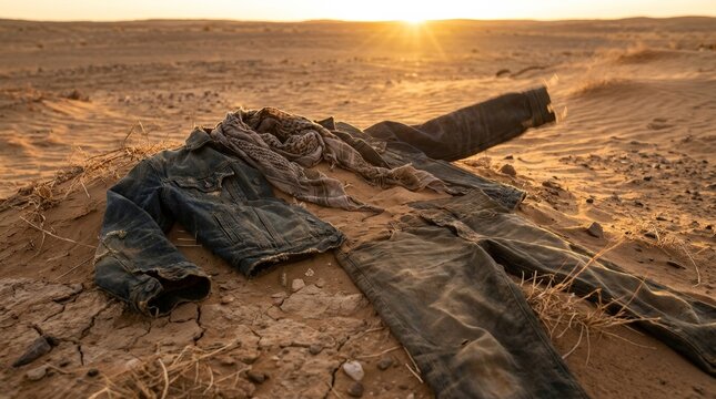 Abandoned denim jacket pants and scarf arranged on desert sand at golden sunset