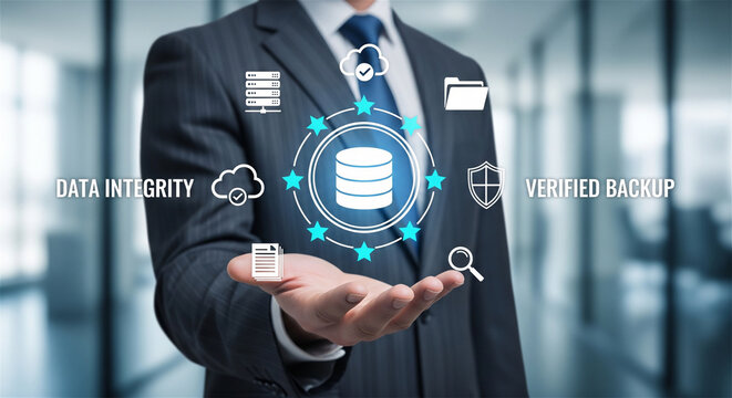 Data integrity and verified backup concept, businessman holding virtual database server icon, cloud storage security