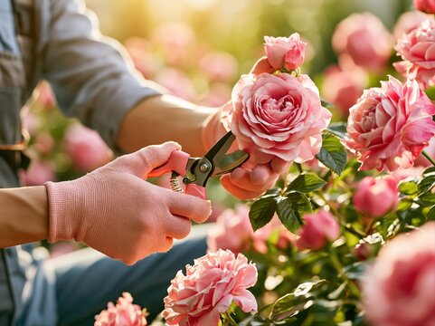 Gardener cuts pink roses in a flower garden during the late afternoon