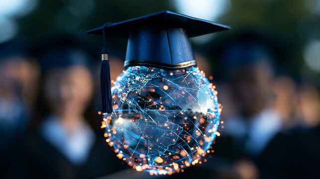 Translucent digital sphere formed of glowing network lines topped with a graduation cap, bright clean studio background, detailed conceptual composition representing digital learni