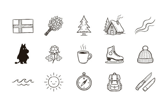 Finland national culture elements flag sauna whisk tree cabin moomin berry coffee skate cap wave sun compass bag knife