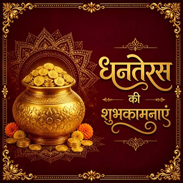 decorative happy dhanteras religious background pray for wealth and prosperity . Translation: Happy Dhanteras, dhan means wealth teras means thirteen