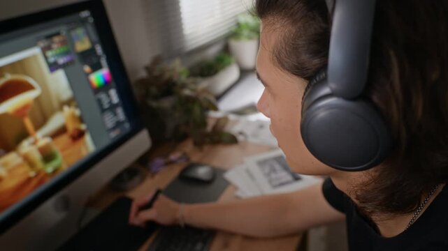 Young Asian man wearing headphones editing photo on computer using graphics tablet. Video is ideal for promoting digital design courses, creative agency services, or freelance remote work