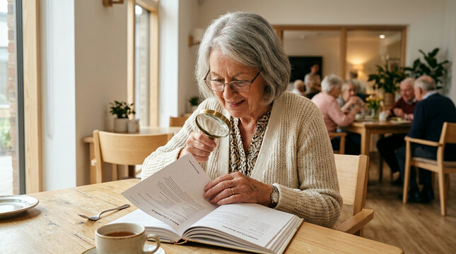 Elderly woman reading a book with a magnifying glass in a shared dining room