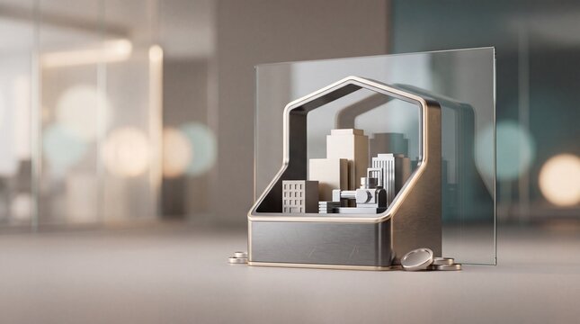 Minimalist miniature city model displayed inside modern architectural home shaped frame concept for real estate