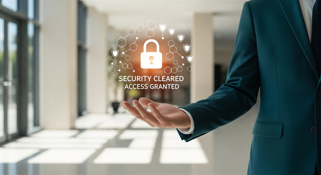 Cybersecurity access granted concept, businessman holding glowing padlock icon, corporate data protection and network security