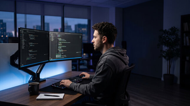 Late Night Coding Session: A focused programmer works diligently on his computer in a dimly lit office, illuminated by the glow of dual monitors displaying lines of code.